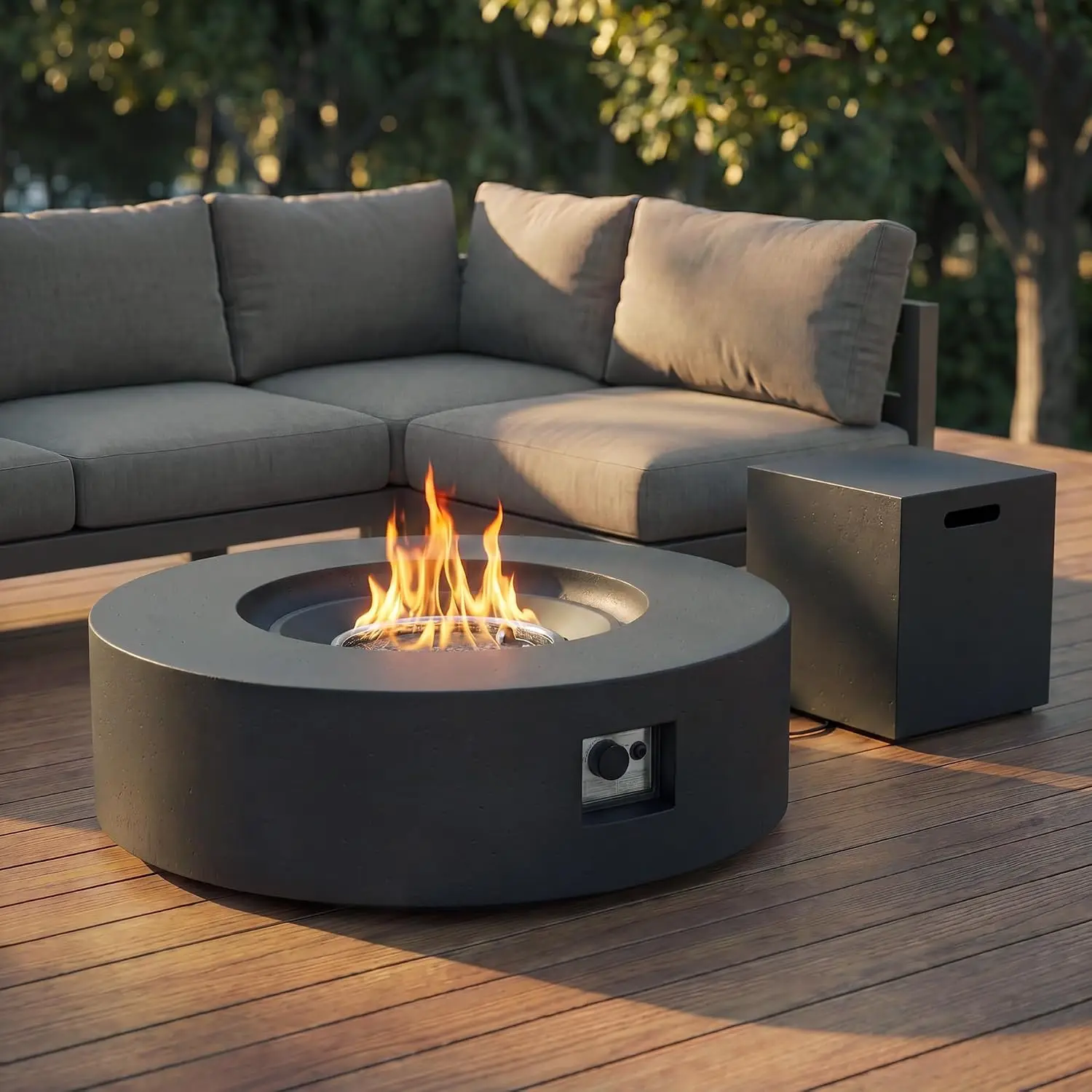 Propane Fire Pit Table 50,000 BTU with Concrete Round Base, Removable Lid, Lava Rocks & 304 Stainless Steel Burner, Gas Fire