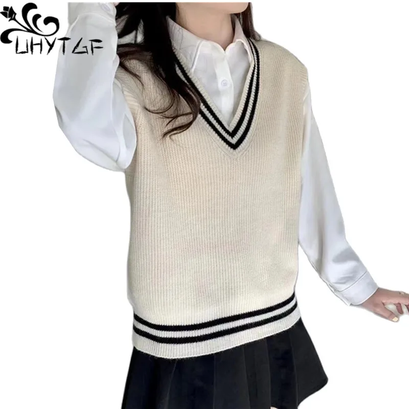 

UHYTGF Vest Sweater Women Couples Sleeveless Knit Pullover Autumn Winter Waistcoat Female Sweet V-Neck Ladies Tops Chalecos 2220