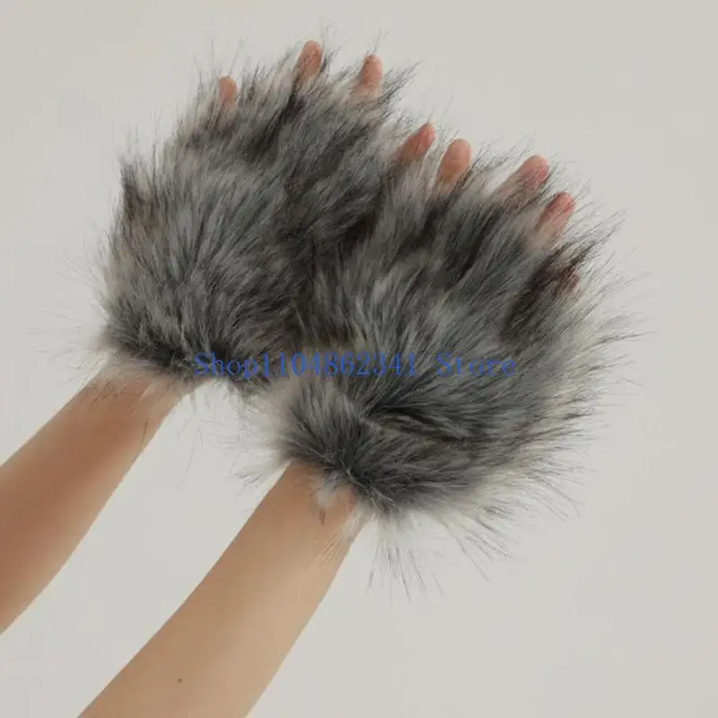 5asd Furry Faux Furs Animal Foxes Paws Fingerless Mittens Halloween Cosplay Costume Accessories Cats Paws Gloves Fursuit