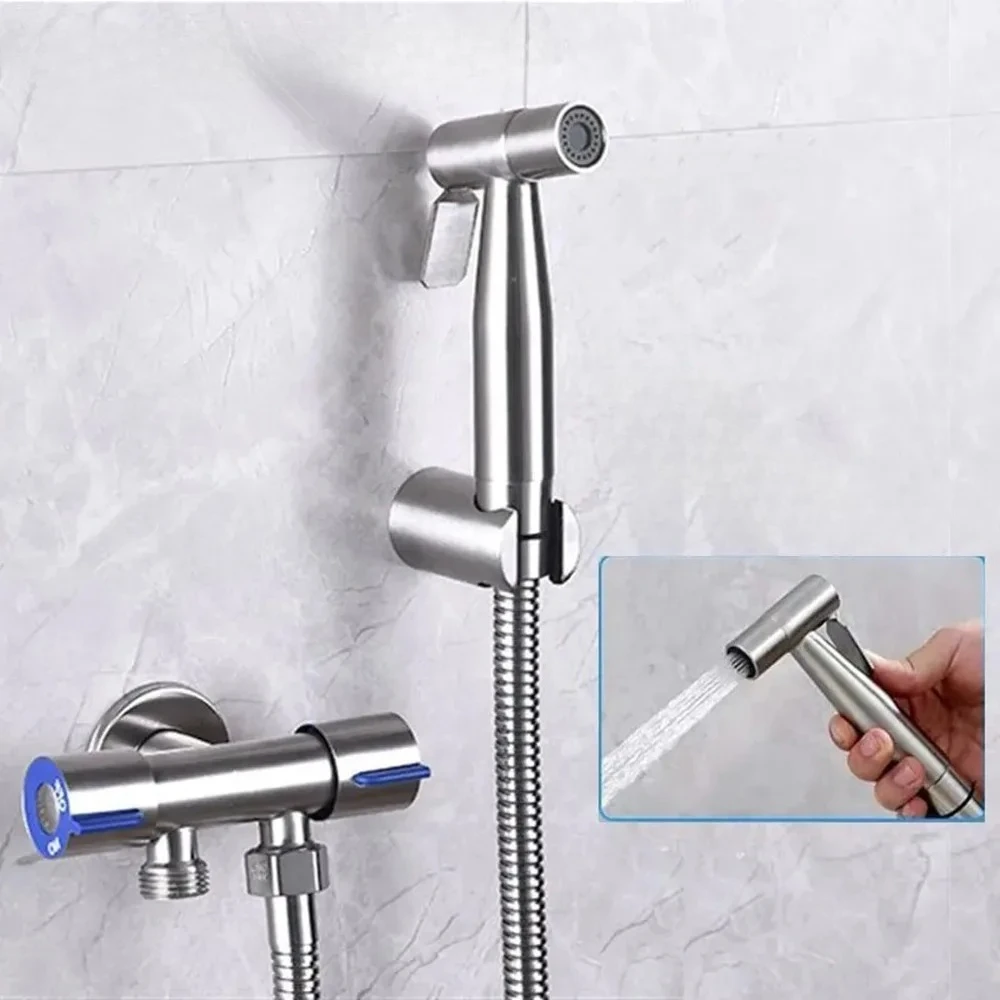 

Bathroom Toilet Bidet Sprayer Set 304 Stainless Steel Two Way Faucet with Flexible Hose Bathroom Shower Head Set