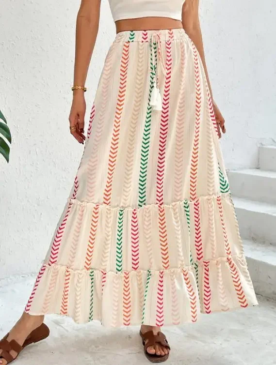 2026 Summer New Long Skirt with Contrasting Printed Skirt Elastic Bohemian Patchwork Skirts Female Fashion Vacation Casual Skirt