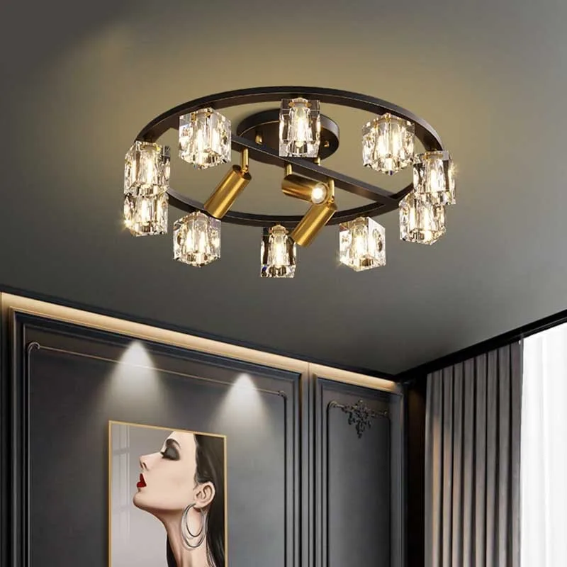 All copper light luxury living room light, modern and simple crystal ceiling light with spotlight, book room bedroom light