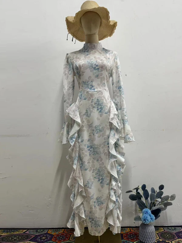 فستان Ele Long Sve من الساتان Dr للسيدات ذو الخصر اللطيف وحزام وياقة واقفة لموسم ربيع الخريف