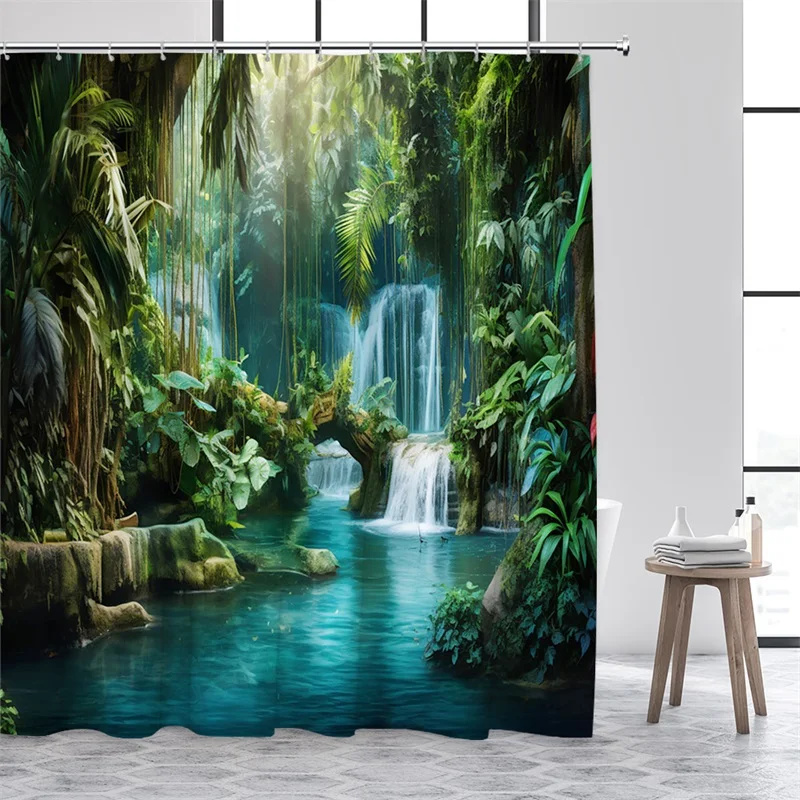 Tropical Jungle Landscape Shower Curtains Green Plants Palm Tree Waterfall Forest Nature Scenery Home Bathroom Curtain Decor Set