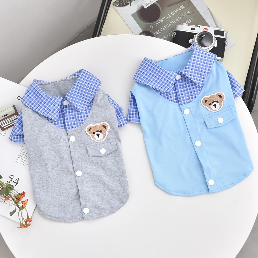 Cute Bear Pet Fake Two-Piece Shirt Plaid Collar Dog Clothes for Small Chihuahua Yorkie Puppy Cat Spring Summer Breathable Outfit