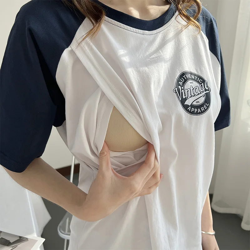 Maternity Real Shot Breastfeeding Summer Short-Sleeved Cotton T-Shirt White Orange Cartoons Print Nursing Top Maternity Clothes