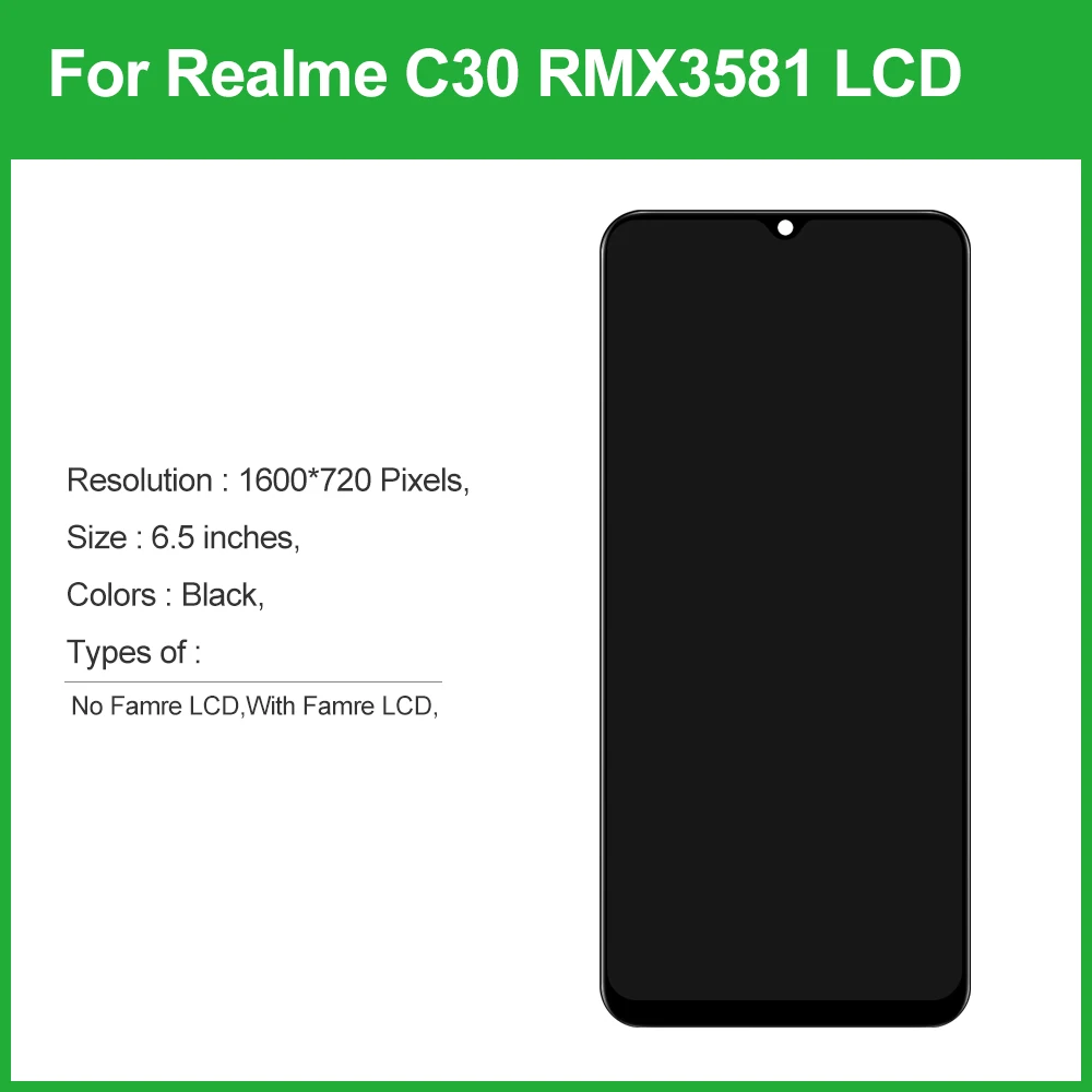 Original For Oppo Realme C30 RMX3581, RMX3623 LCD Display Touch Screen with Frame, 6.5