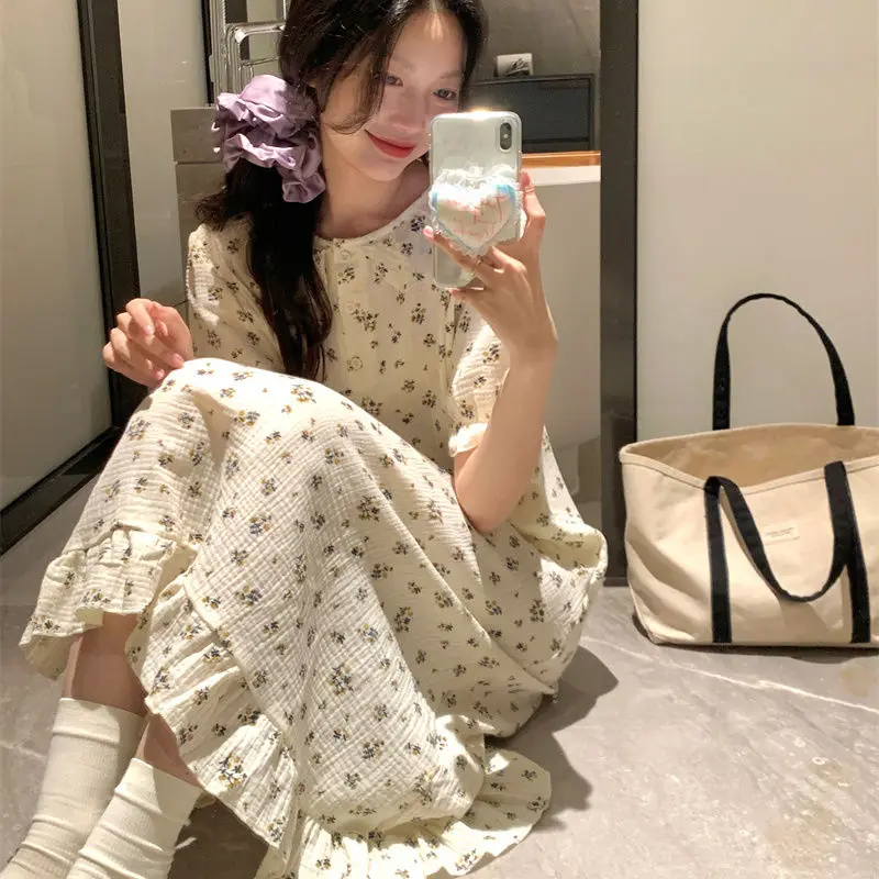 Floral Nightgown Sleepwear Women Korean  Summer One Piece Pajamas Dress Short Sleeve Night Button Sleeping Home Wear 2024 New