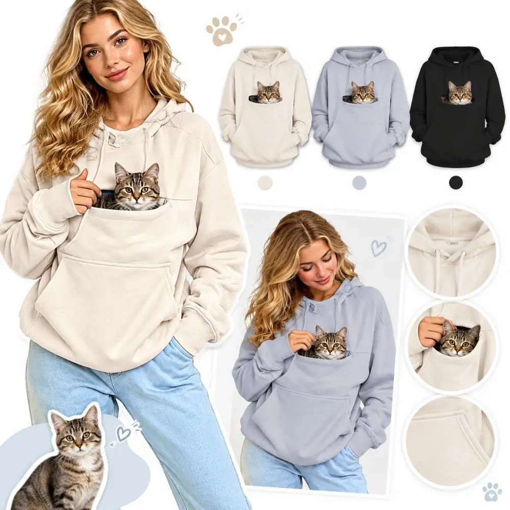 Polyester Pet Carrier Hoodie Fleece Lined with Pet Pouch Kangaroo Pocket Hoodie Drawstring Hood Oversized Sweatshirt Pet Lover