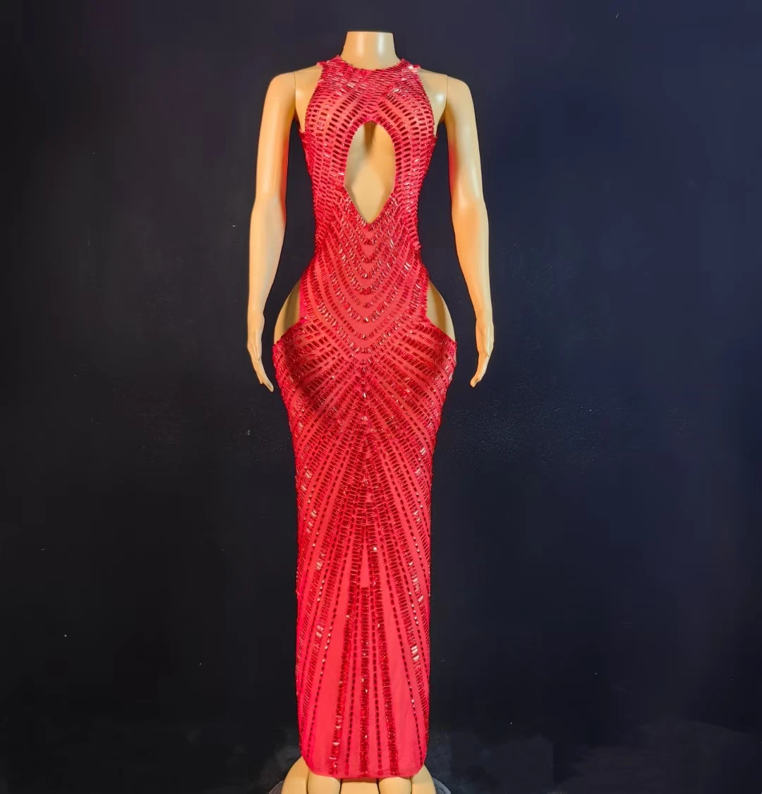 Fengwomei-vestido de noche calado de corte bajo, vestido largo Sexy con diamantes de imitación brillantes, traje elegante para mujer para Festival y celebración en discoteca