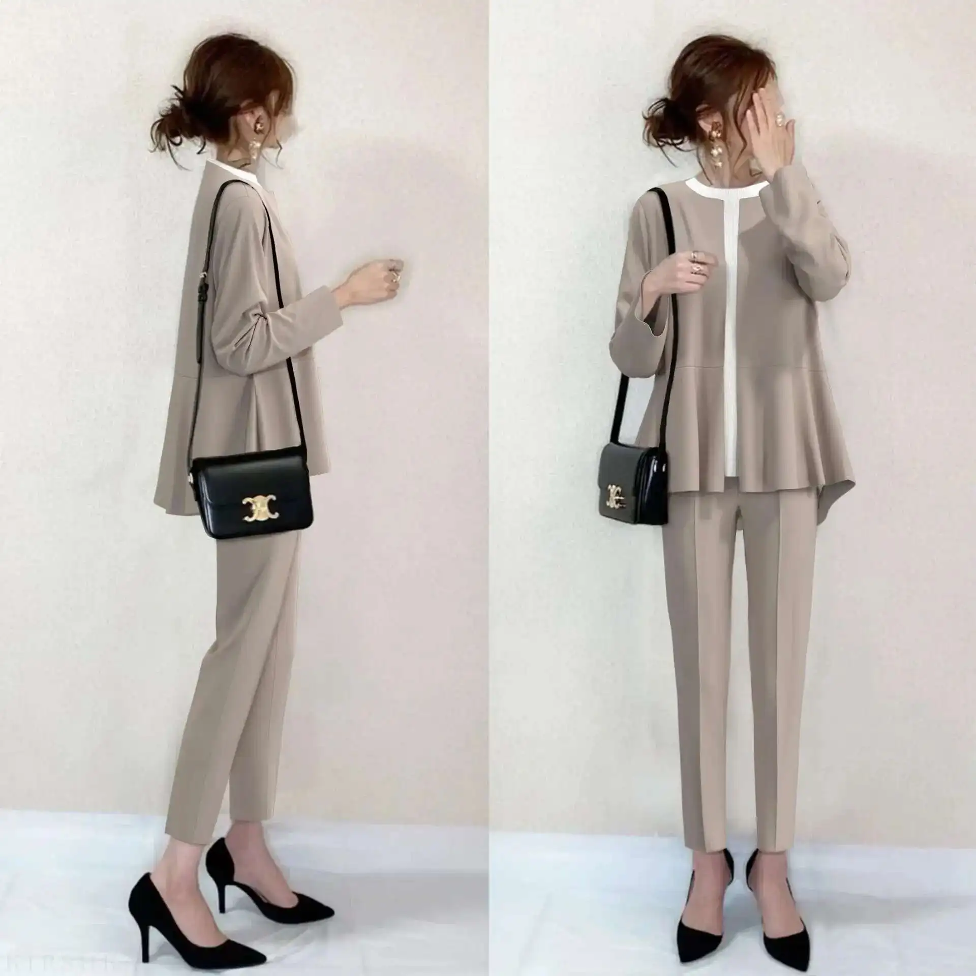 

Good Fabric 2025 Spring/summer New Set Women's Round Neck Bottom Splicing Top+pants Set