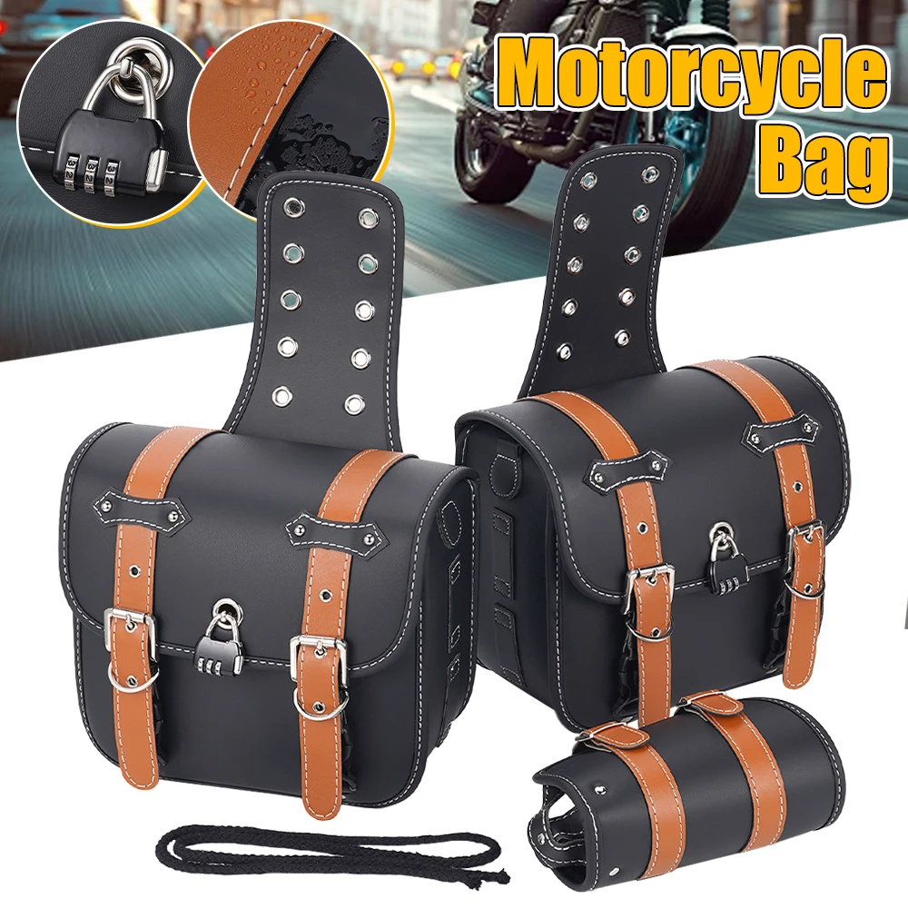 

Retro Motorcycle Side Hanging Bags Waterproof Pu Leather Saddle Bags Electric Bike Side Luggage Anti-Theft Car Bags