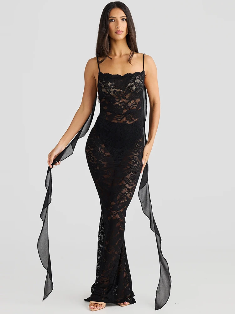 Sibybo Lace See Through Camisole Maxi Dress For Women Ribbons Sleeveless Backless Slim Bodycon Long Dresses Ladies Outfits Robes