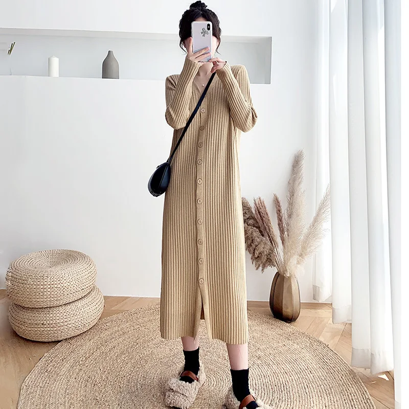 New Women Long Sweater Dress Autumn Winter Fashion V-Neck long Sleeve Single Breasted Knitted Dress Simplicity Casual Sweater