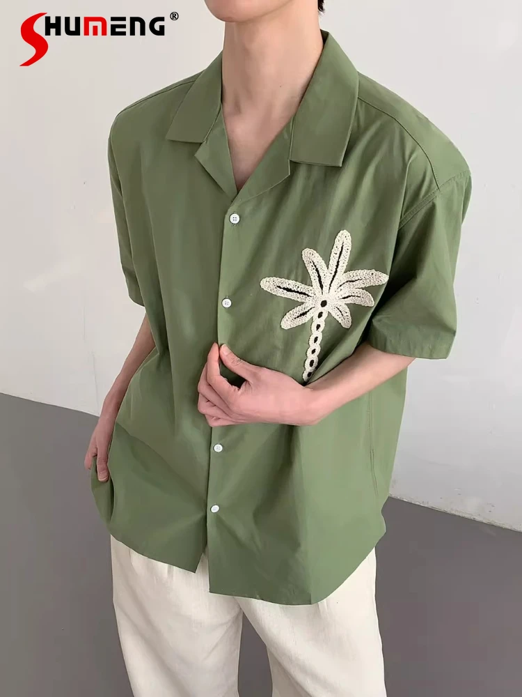 

Fashion Short-sleeve Color Matching Shirts Men's 2026 Spring New Elegant Embroidered Flower Lapel Tops High-end Comfort Shirts