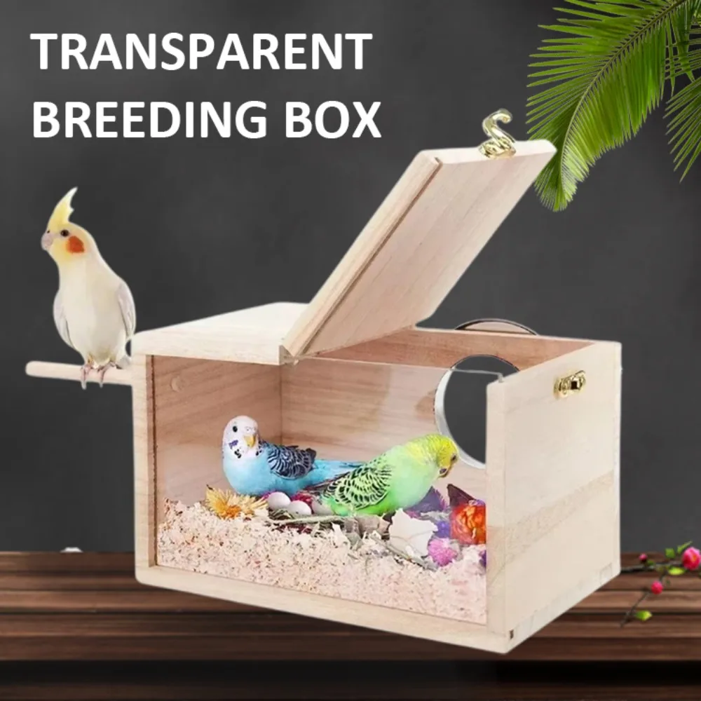 

Transparent Design Parakeet Bird House Nest Easy To Cleaning Creative Solid Wood Parrot House Smooth Edges Bird Breeding Box