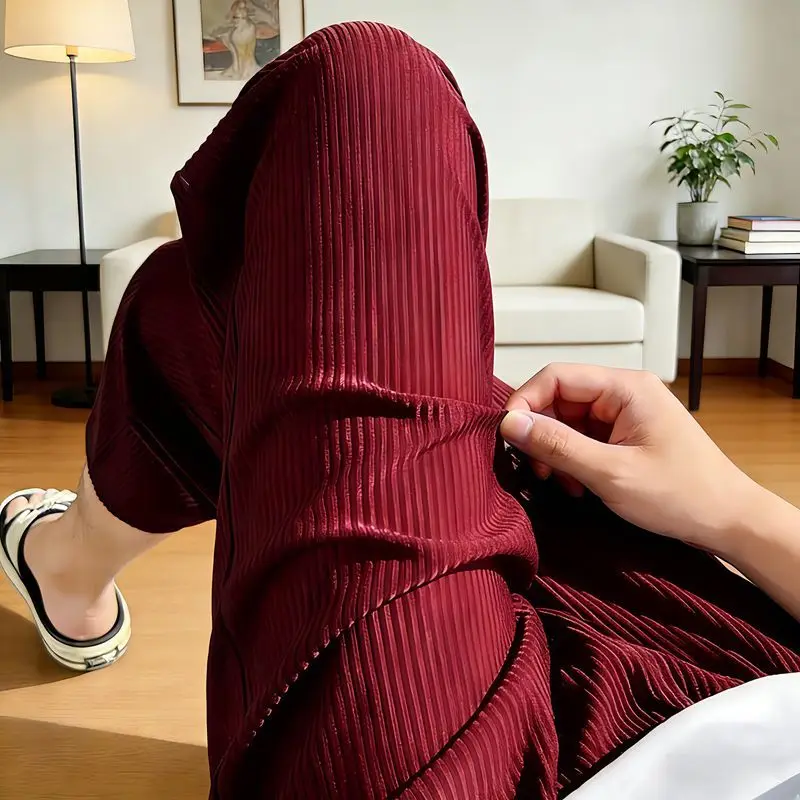 

Loose Ice Silk Sleepwear Pants Men's Soft Comfortable Cool Thin Casual Mid-waist Stripes Home Sleepwear Outer Wear Seven-pant