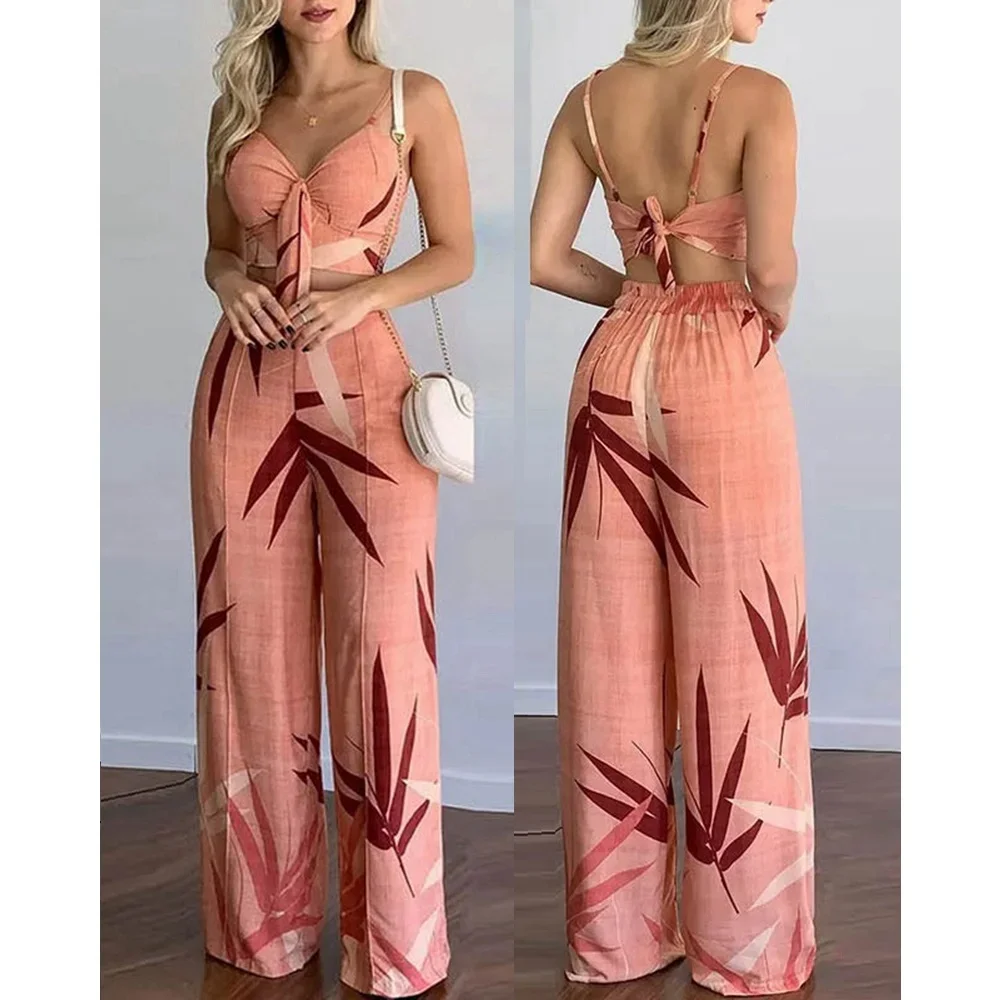 

Summer Women Tropical Print Spaghetti Strap Casual Lace up Back Top &High Waist Pants Set 2 Pieces Suit Sets 2023 Woman Clothing