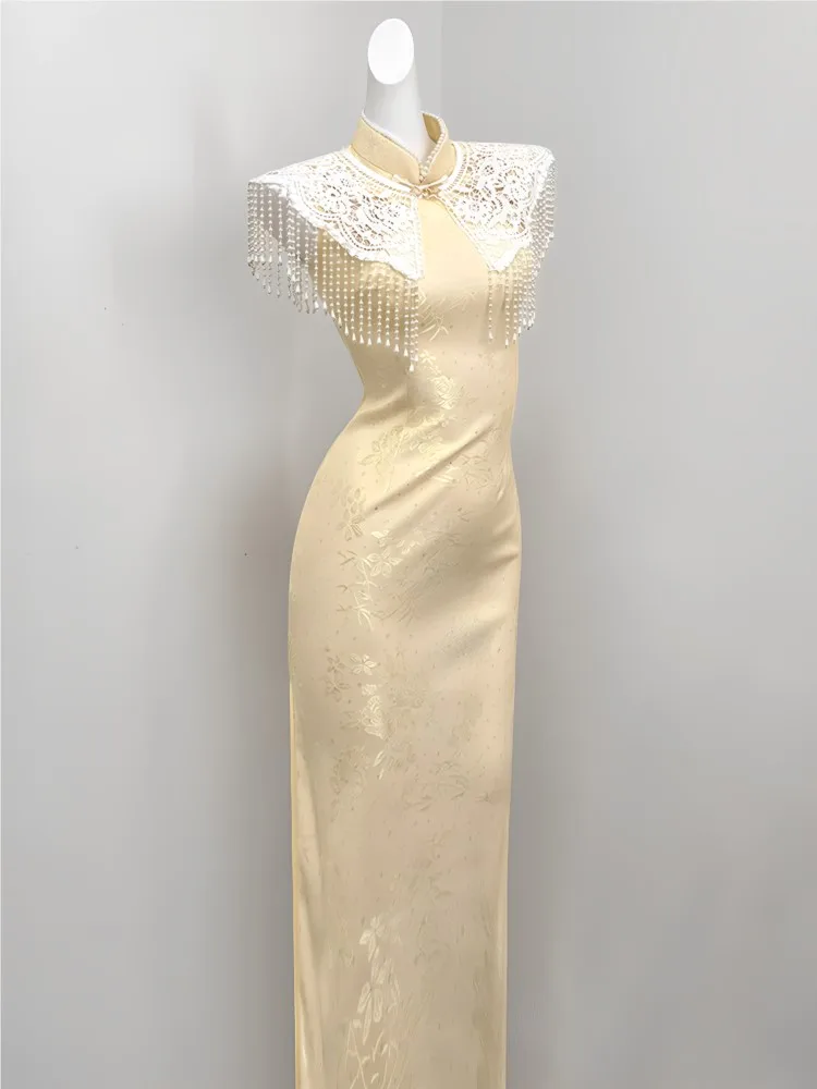 A light yellow cheongsam women's thin new Chinese-style lace engagement dress that is elegant and beautiful for women