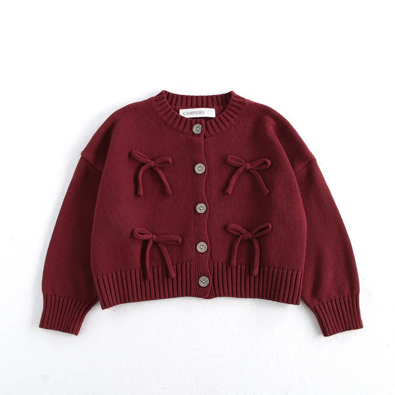 

‌2025 Autumn Girls' Knitted Cardigan Red Korean Style Long Sleeve Open Front Sweater Top Toddler Kids 2-7 Years