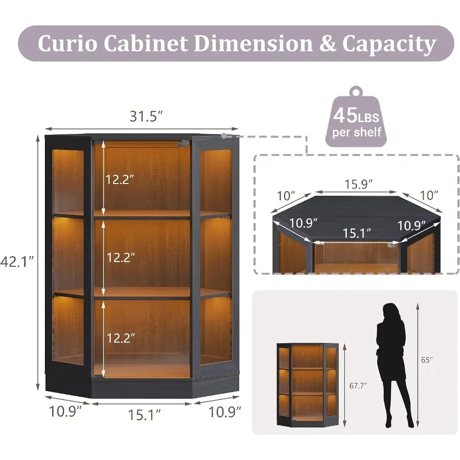 Corner display cabinet with glass doors for living room, engineered wood in black with RGB lights and 3-tier wood shelves, idea view 2