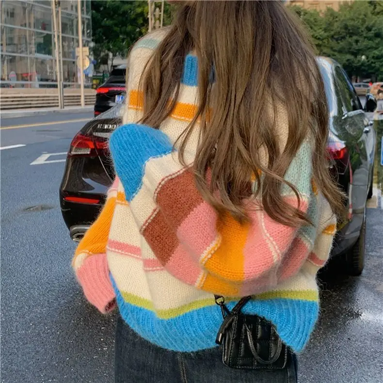 Korean High Quality Stripe Pullovers Women Colorful Baggy Tender O-Neck Sweater Fluffy Knitted Female Harajuku