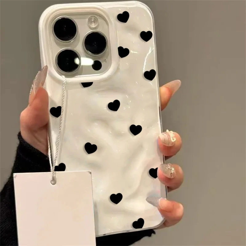 

Aesthetic Cute Black Heart Shockproof Phone Case for iPhone 17 16 Plus 15 14 Pro 13 12 11 Pro Max Air 16E Soft Protective Cover