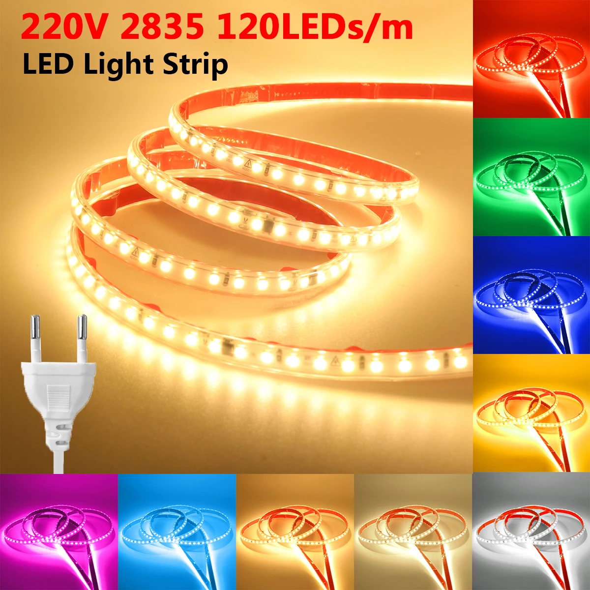 120LEDs/m LED Strip Light 2835 220V EU Power Kit Warm White Red Ice Blue Pink Yellow Green Waterproof Flex Decor Lighting 1M 40M