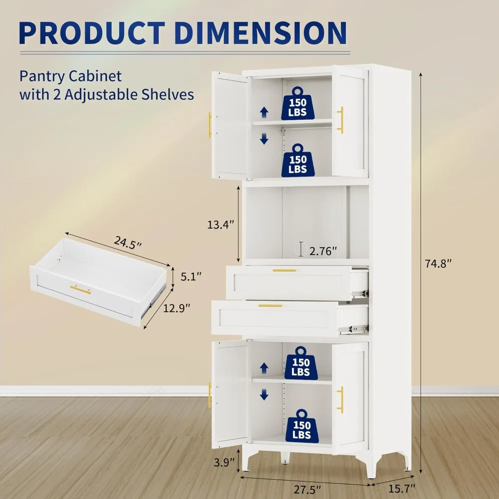 75” Tall Kitchen Pantry Storage Cabinet, Metal Storage Cabinet with 2 Drawers and Adjustable Shelves