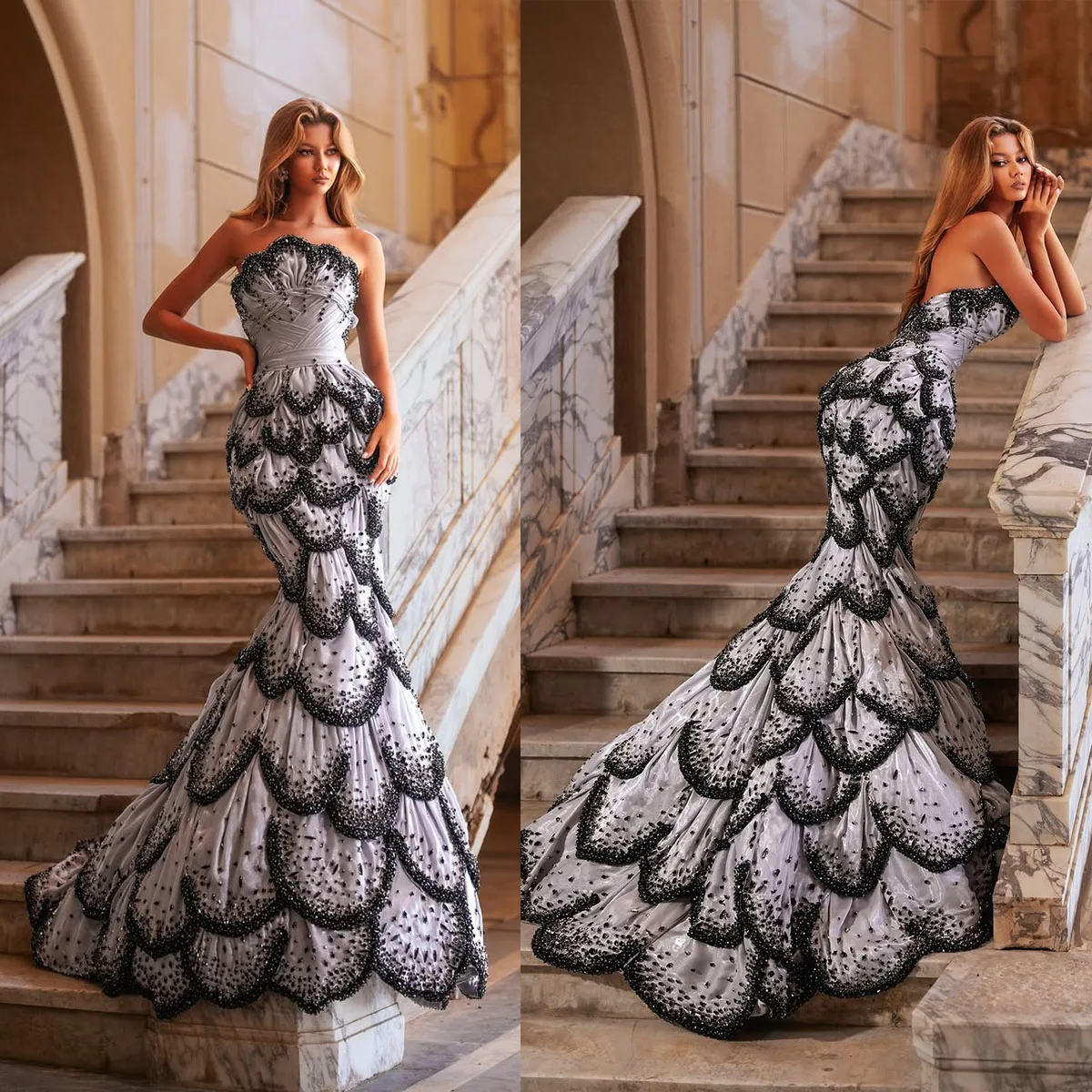 

Unique Evening Dresses Strapless Beading Prom Gowns Rhinestone Backless Sweep Train Sleeveless Customized Vestidos De Noche