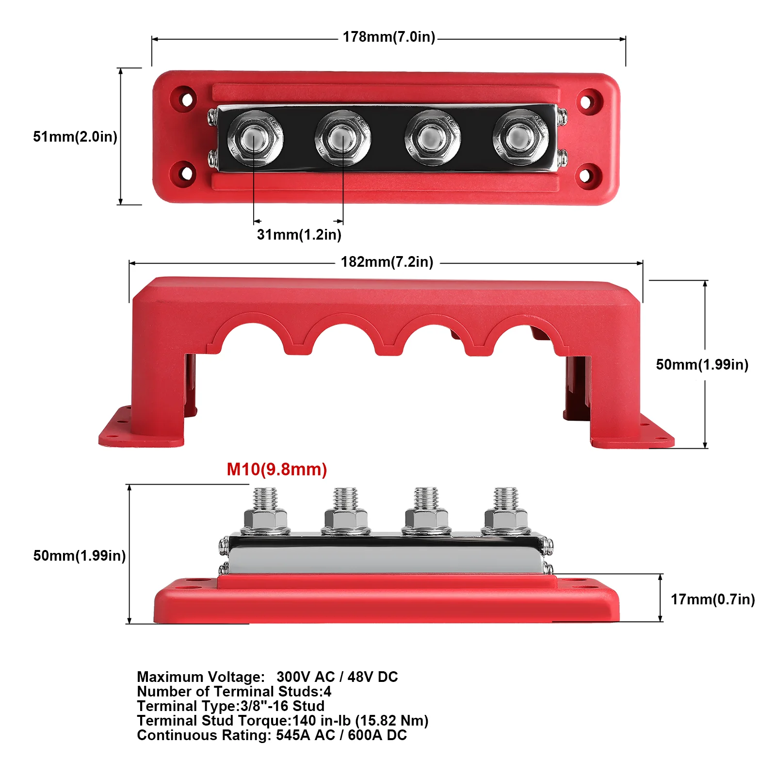 新型 12-48V 600A スタッド M10 3/8インチ 電源 EV充電器 配電ブロック バスバー 電気端子台 トラック ボート キャンピングカー RV 車用