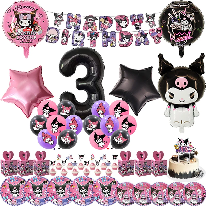 Kuromi – décoration de fête d'anniversaire, toile de fond, vaisselle jetable pour enfants, fournitures d'événements, bannière de ballons en aluminium de Latex