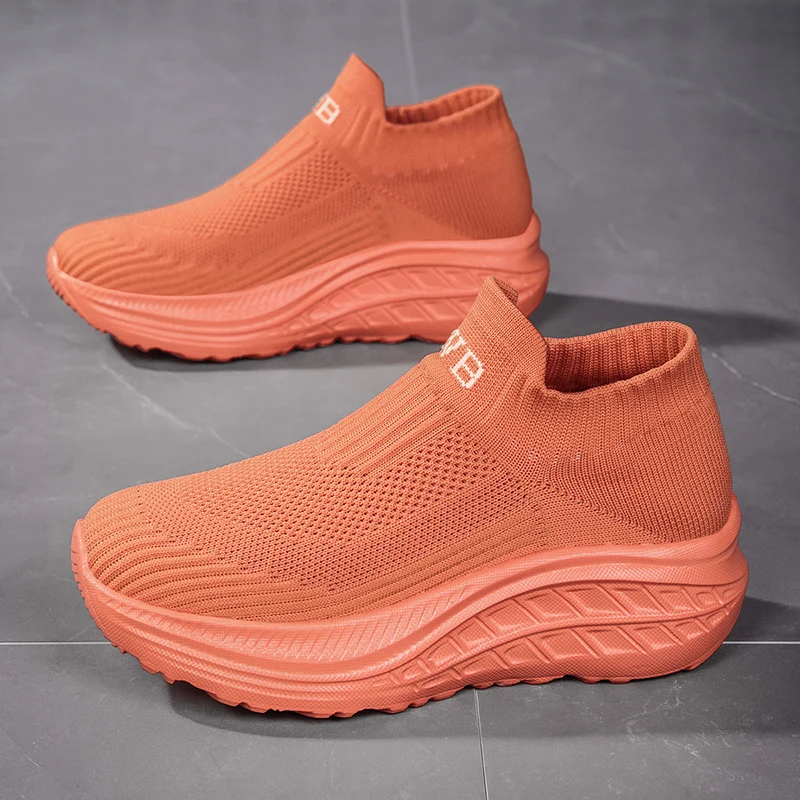 Summer Knit Orange Sneakers Women Fashion Casual Platform Socks Shoes Women Lightweight Breathable Slip-on Women's Running Shoes