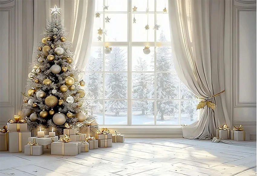 Mehofondหน้าต่างคริสต์มาสการถ่ายภาพพื้นหลังสีขาวผนังผ้าม่านของขวัญเด็กภาพครอบครัวตกแต่งฉากหลังPhoto Studio