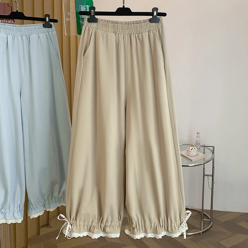 

Women's Wide Leg Pants Two-Way Wear Thin Cotton Lace Trim Patchwork Bloomer Pants High Waist Nine Points Casual Pants