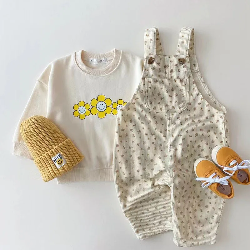 New Autumn Baby Boy Solid Casual Overalls Girls Children Floral Suspenders Jumpsuit Kid Loose Cotton Denim Pants Infant Trouser