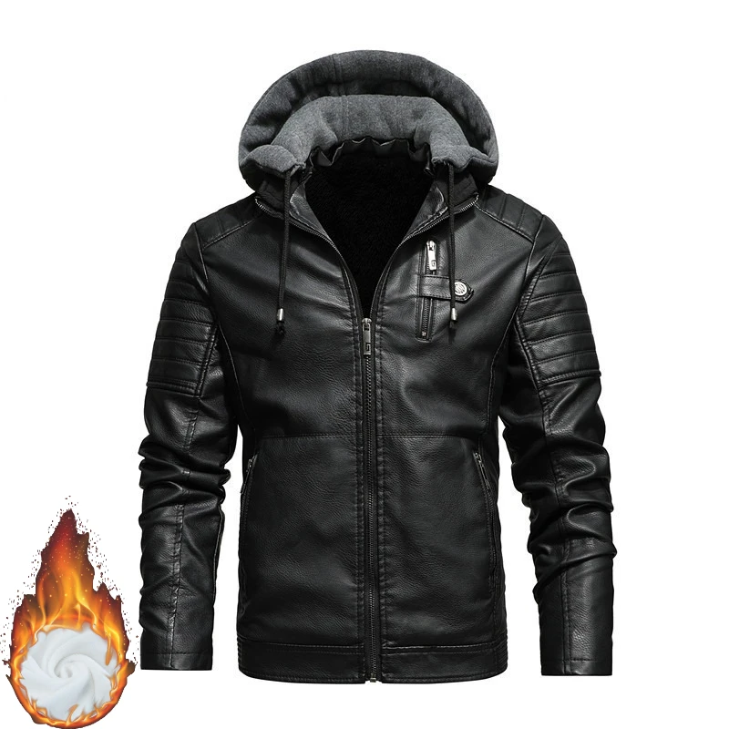 

L-5XL Leather Jacket Men's Fleece Hooded Casual Large Size Imitation Leather Jacket/high Quality Windproof Men's PU Coats