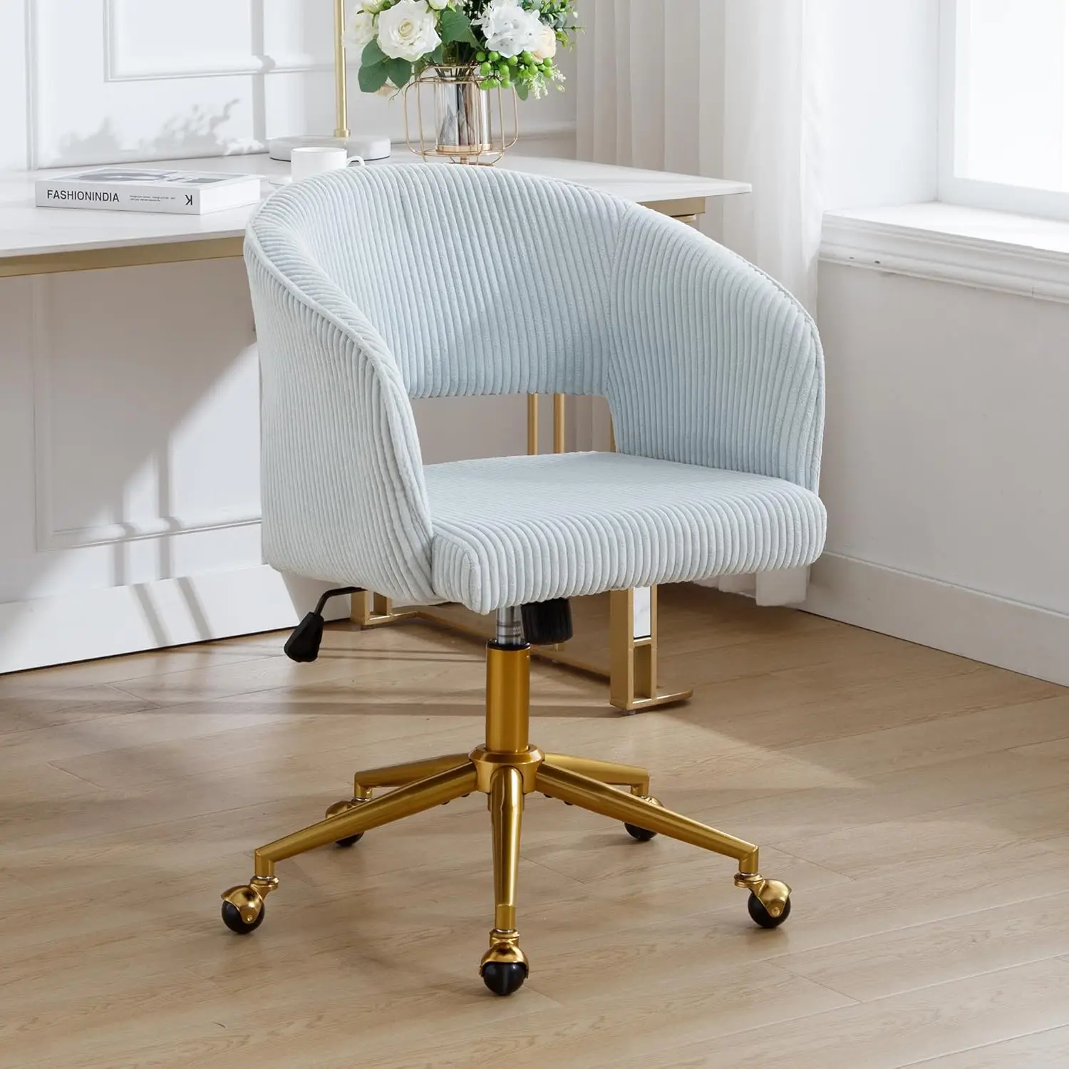 

Corduroy Swivel Desk Chair Wheels Gold Base Adjustable Back Home Office Bedroom, Customized