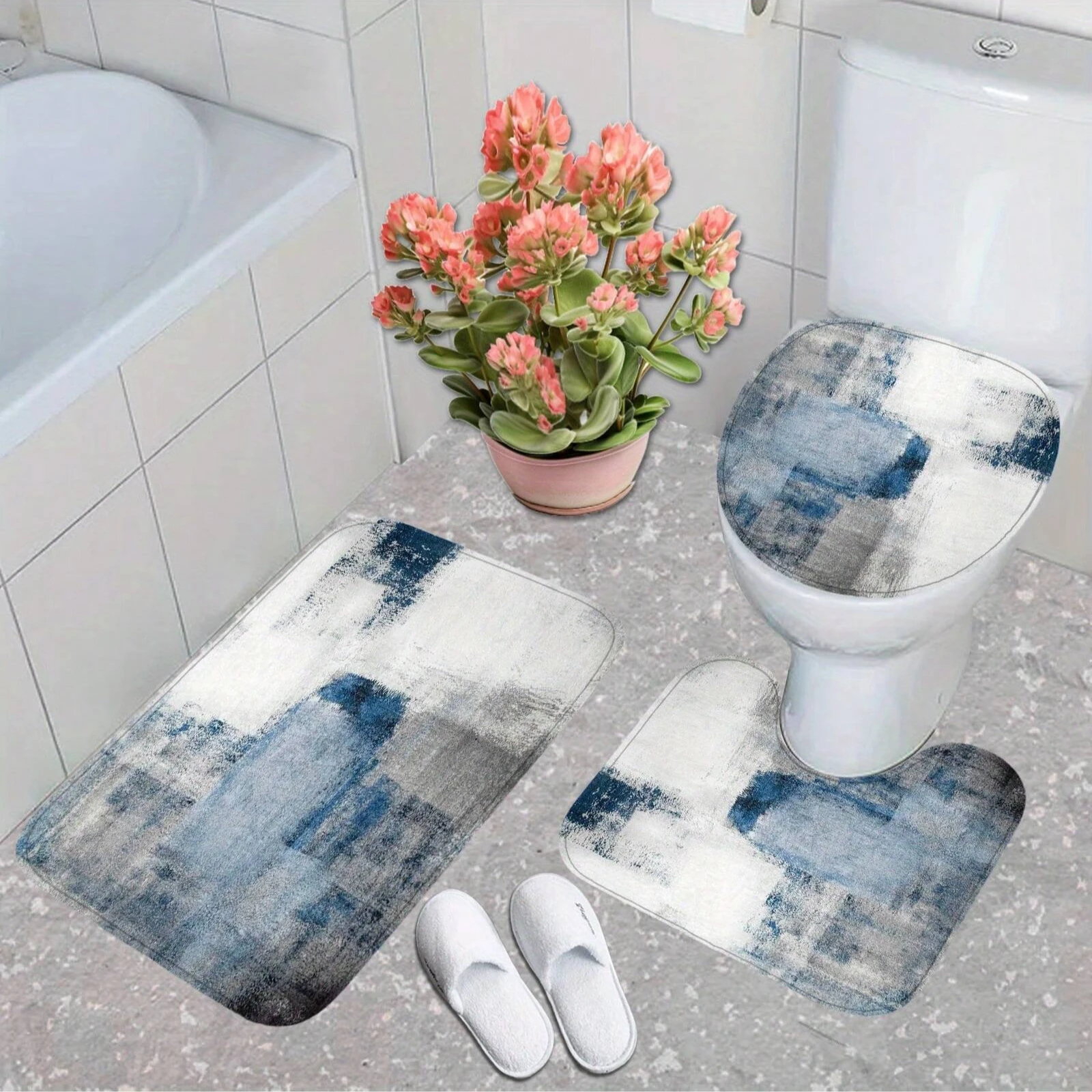 4pcs Abstract Pattern Bathroom Shower Curtain Set, With 12 Hooks, Anti-Slip Mats, And Toilet Lid Cover, Modern Home Decor