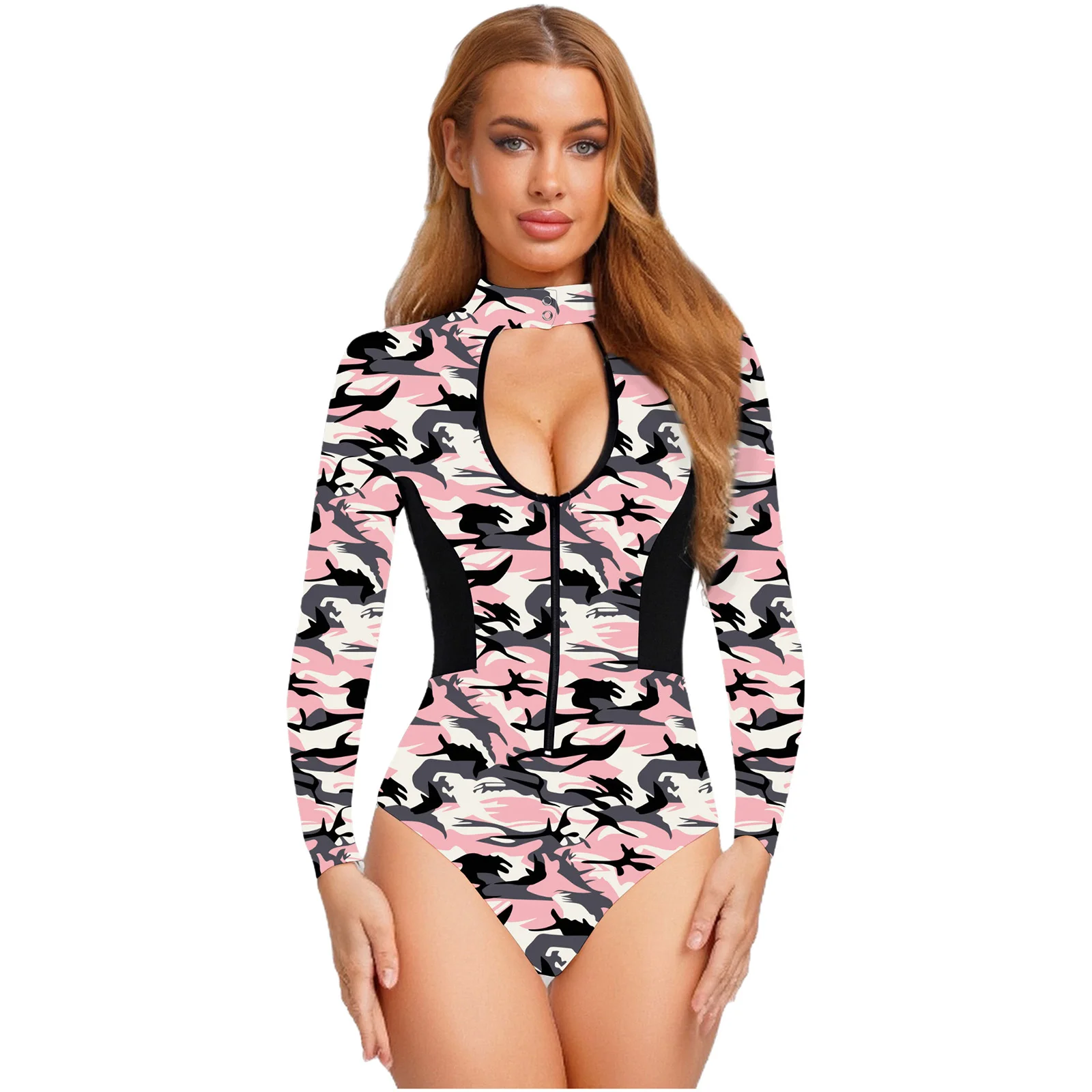 

Women Stylish Camouflage Bodysuit One Piece Long Sleeve Swimsuits Wetsuits Paratrooper Veteran Army Halloween Role Play Costume