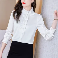 #2504 White Red Purple Grey Satin Shirt Women Ruffles Stand Collar Office Shirt Long Sleeve Womens Tops And Blouses Regular Fit