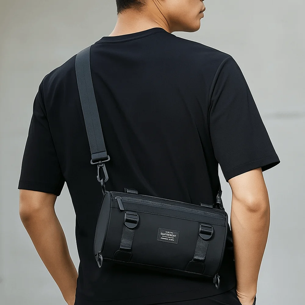 

Сплошной цвет, мужская цилиндрическая сумка, многофункциональная холщовая сумка через плечо с широким ремешком, большая вместимость в японском стиле