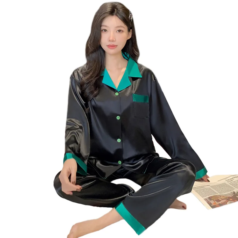 Advanced Ice Silk Cool Sleepwear for Women in Spring and Autumn Long Sleeved Set Black Temperament Homewear Set Worn Externally