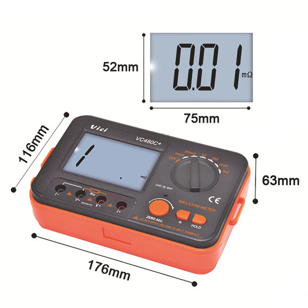 

Digital Milli-ohm Meter VC480C+ LCD Backlit 4 Wire Low Resistance Multimeter 6 Range Accuracy Meter 0.01mΩ-2kΩ with Test Clip