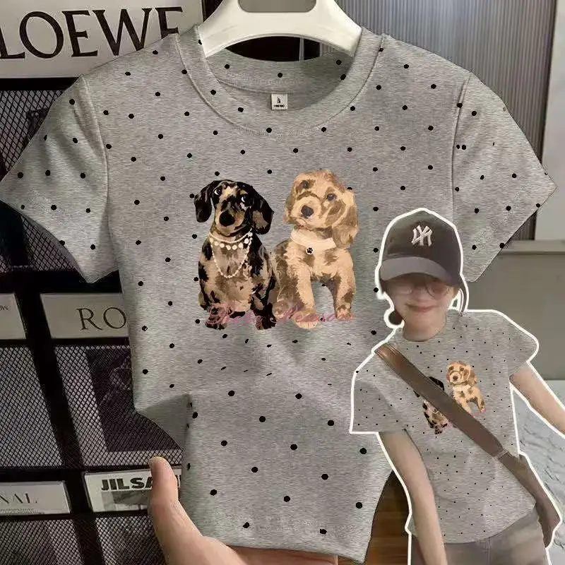 Korean Fashion Cute Polka Dot T-shirts Women Kpop Slim Tops Sexy Y2K Vintage Tees Shirts Puppy Cheap Clothes Woman White Tshirts