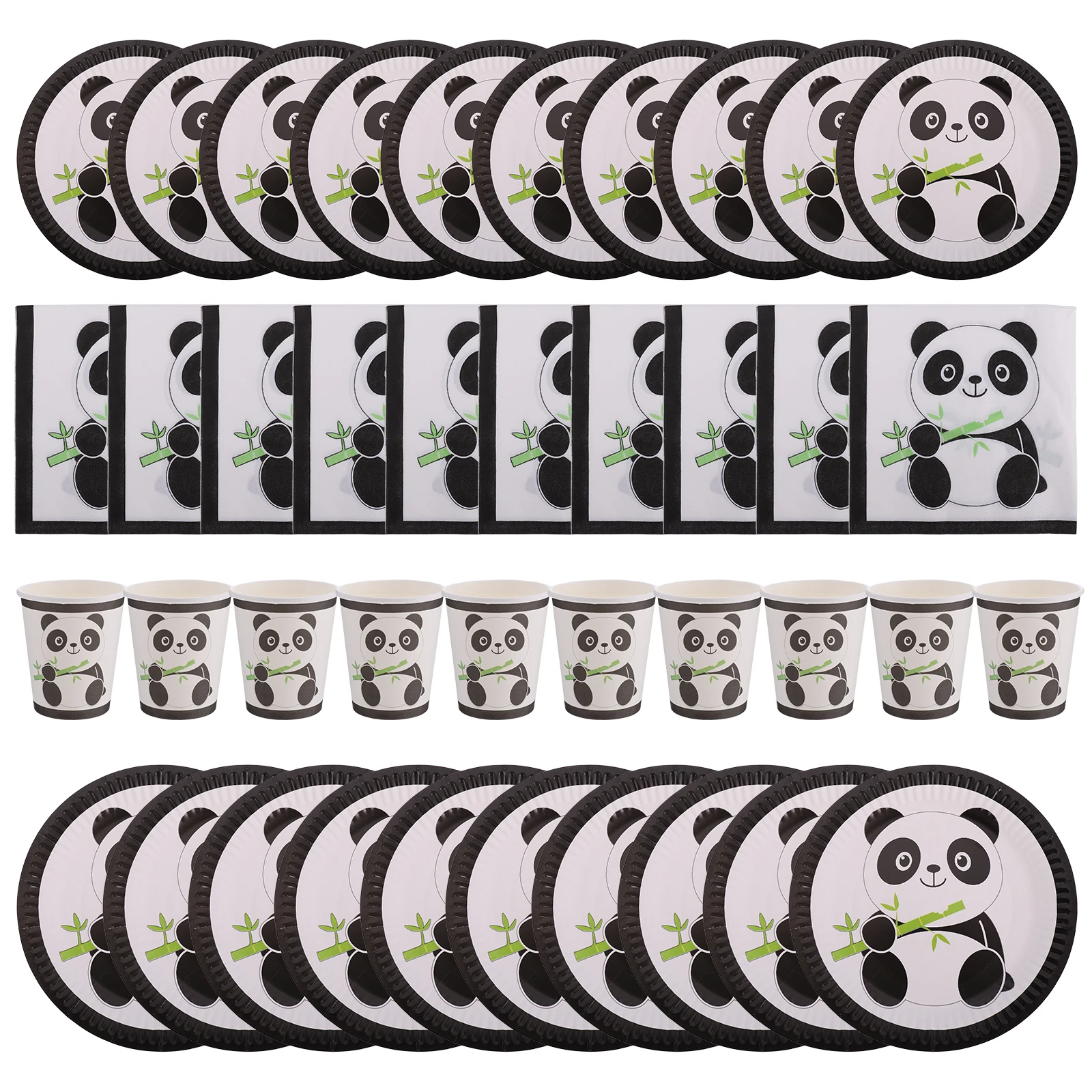 Vajilla desechable de Panda, platos, vasos, servilletas, suministros para fiestas, vajilla de papel de dibujos animados, color blanco y negro, 7 pulgadas, 9 pulgadas, 1 Juego