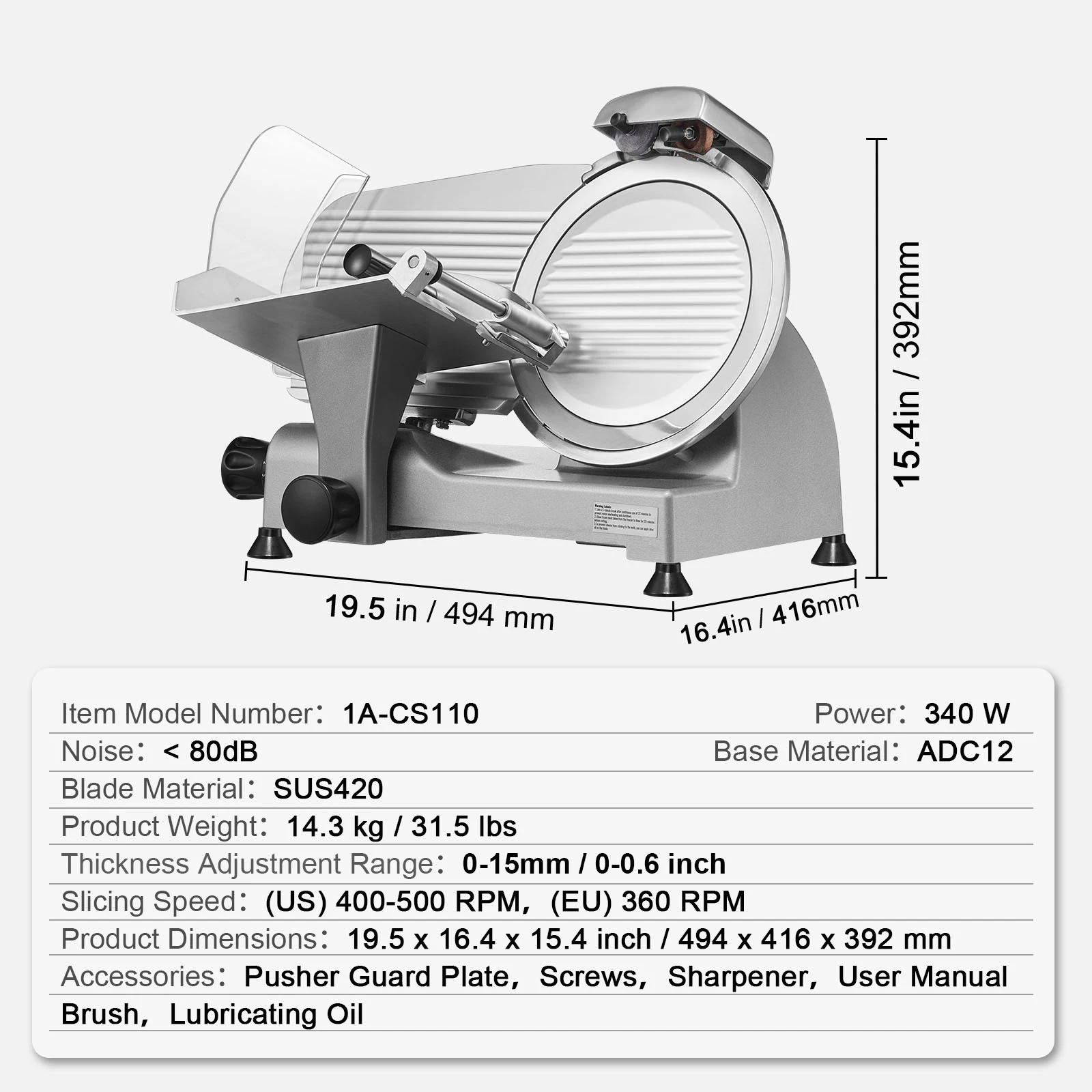 SucceBuy Vleessnijmachine 8/10 inch Koolstofstalen mes Elektrische Deli Voedselsnijder Verstelbare dikte Commerciële Home Cut Vlees Kaas