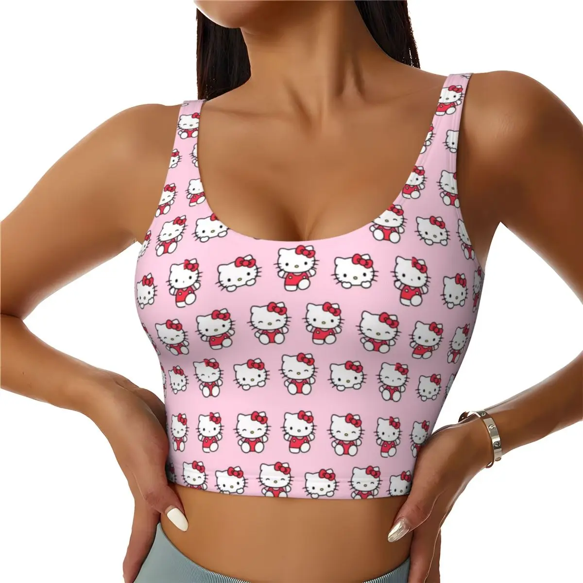 

Custom Hello Kitty Pattern Workout Crop Tank Tops Women Sanrio Running Sports Bras