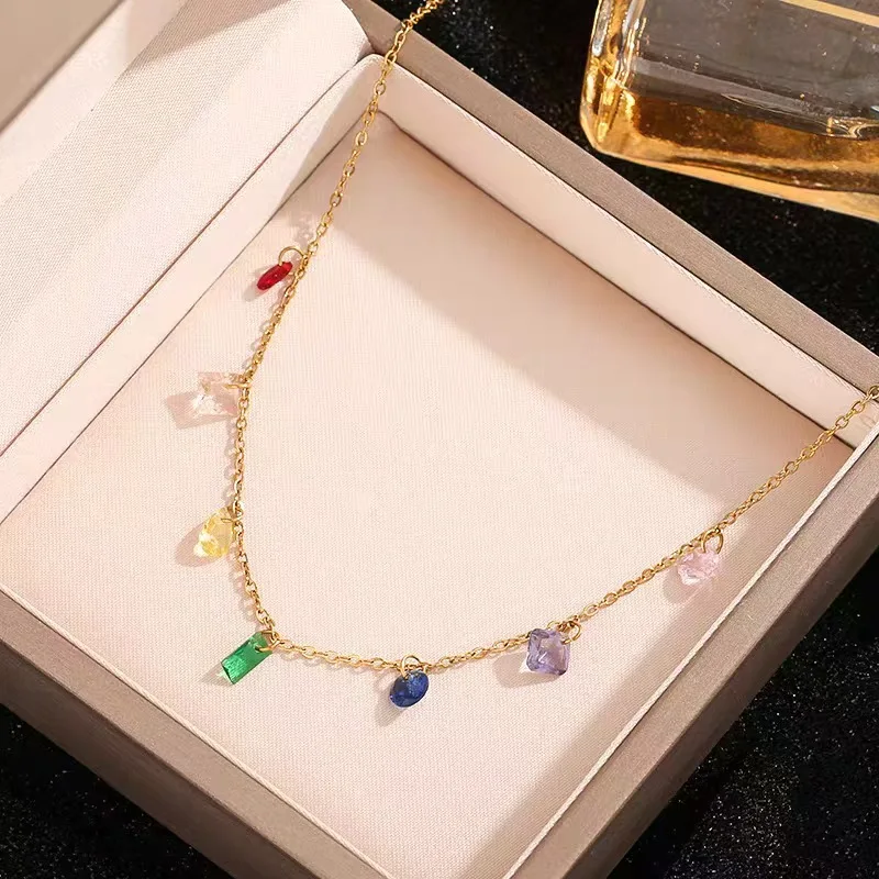 

2026 Fren Chic Multi Semi-precious Gemstone Stainless Steel Necklace Sweatproof Colorfast Rainbow Charm Choker Summer Jewelry
