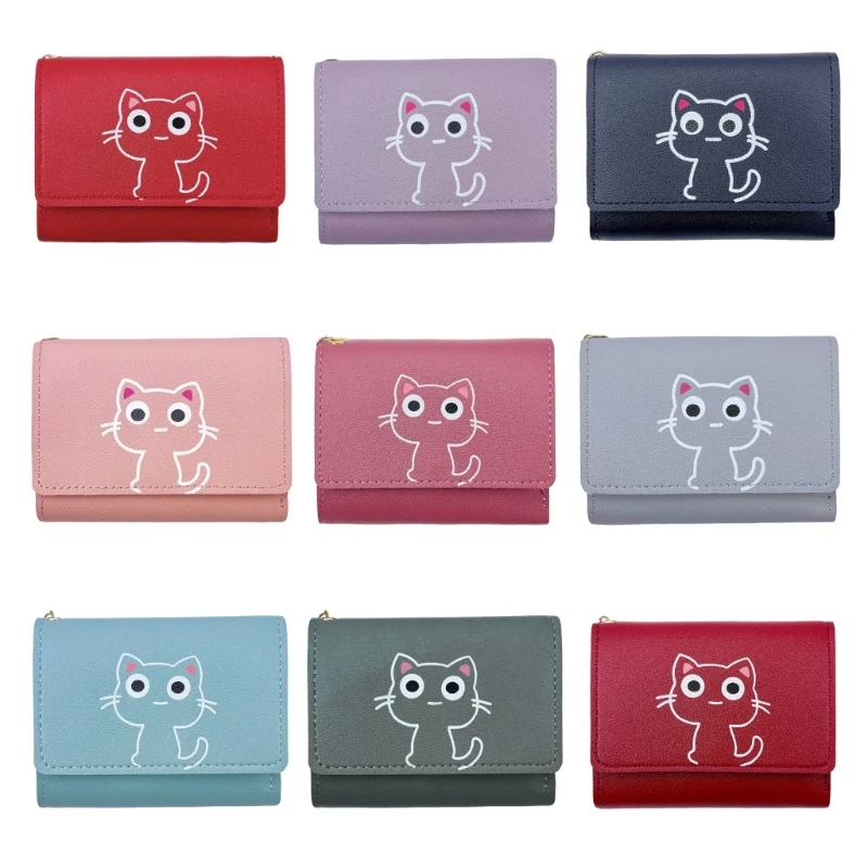 Portefeuille de qualité compact et durable pour femme, mini porte-cartes à fermeture éclair, poches pour espèces, porte-monnaie à la mode, petit chat de dessin animé